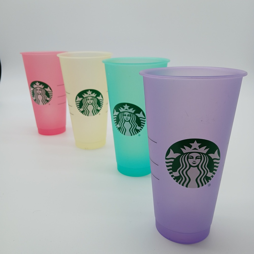 Starbucks Reusable Cold Cups Set of 4 Pink Yellow Teal Purple Frosted Plastic